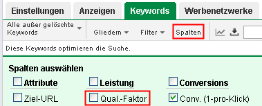 Spalte AdWords Qualitaetsfaktor