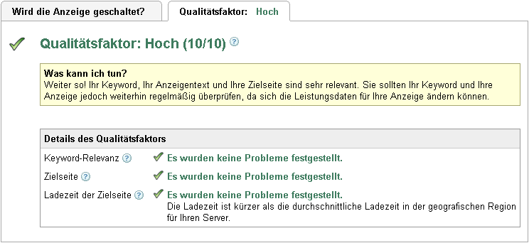 Google AdWords: kurze Ladezeit der Zielseite erhöht den Qualitätsfaktor