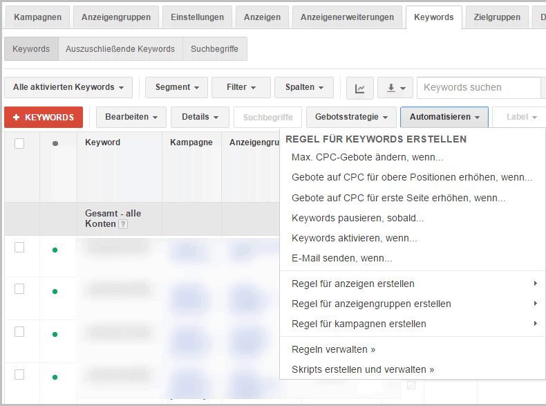 AdWords-Regel für Keywords neu erstellen