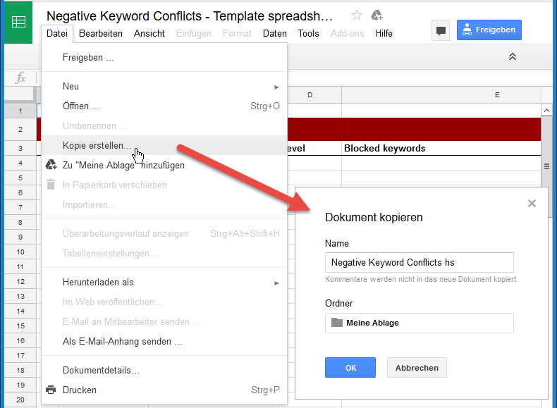 Kopie von Tabellenvorlage für AdWords Script erstellen