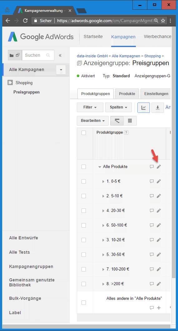 AdWords mit Preisgruppen in Shopping-Kampagne