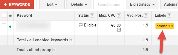 AdWords label for script average position bidding tool