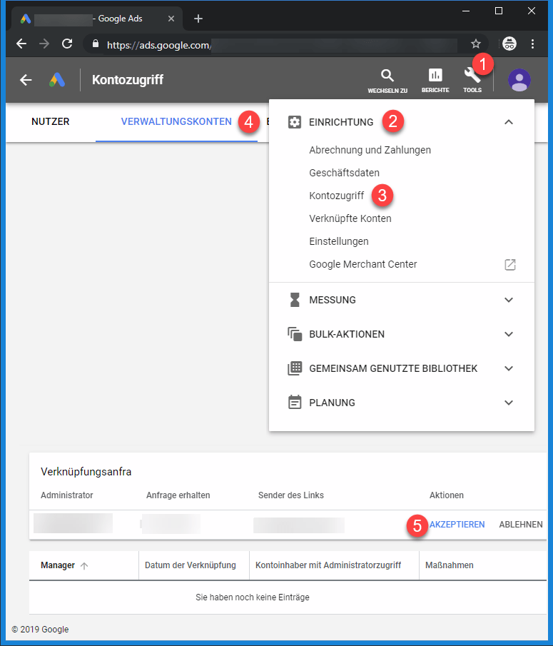 Google Ads Kontozugriff via Verwaltungskonto annehmen