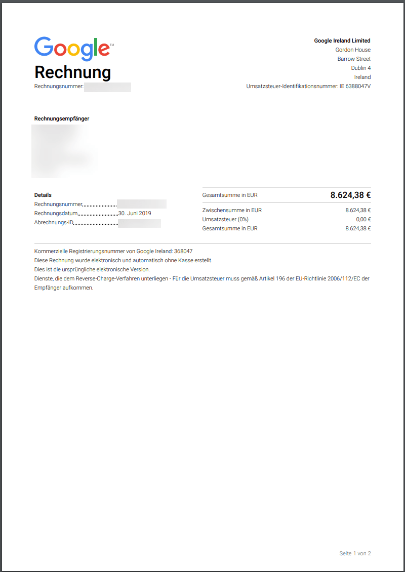 Google Ads Rechnung ohne Umsatzsteuer