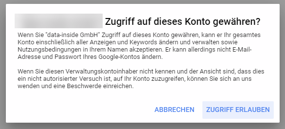 Google Ads Hinweis zu Zugriff auf Ihr AdWords-Konto via Verwaltungskonto bestätigen